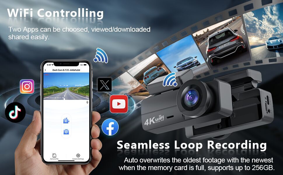 Penemay WiFi Controlling Dash Cam – Allows easy app selection, viewing, and sharing via popular platforms like Instagram, TikTok, YouTube, and Facebook. Features seamless loop recording that automatically overwrites old footage when the memory card is full, supporting up to 256GB.