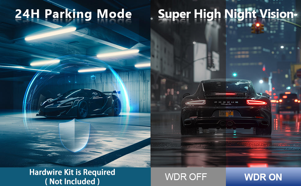 Penemay 24-Hour Parking Mode and Super High Night Vision – Equipped with a hardwire kit (sold separately) for continuous protection when parked. Enhanced WDR (Wide Dynamic Range) ensures clear visibility in low-light conditions, capturing sharp details even at night.