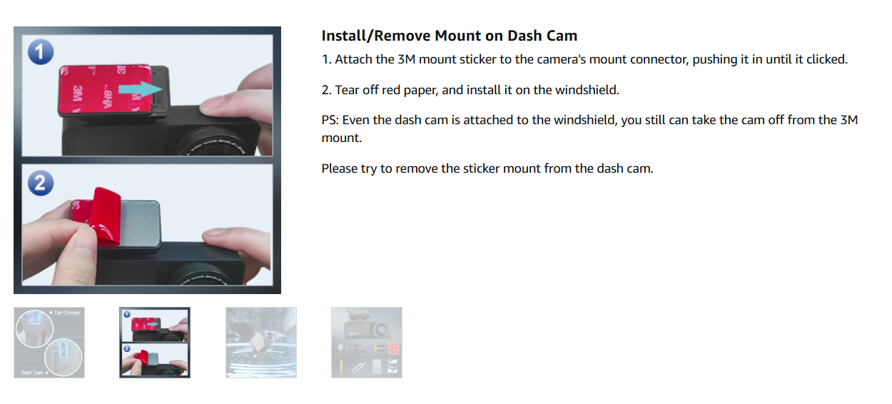 Penemay Dash Cam Installation Guide – Demonstrates how to easily attach and remove the 3M mount sticker from the windshield. Provides a hassle-free setup experience for quick installation and removal of the dash cam.