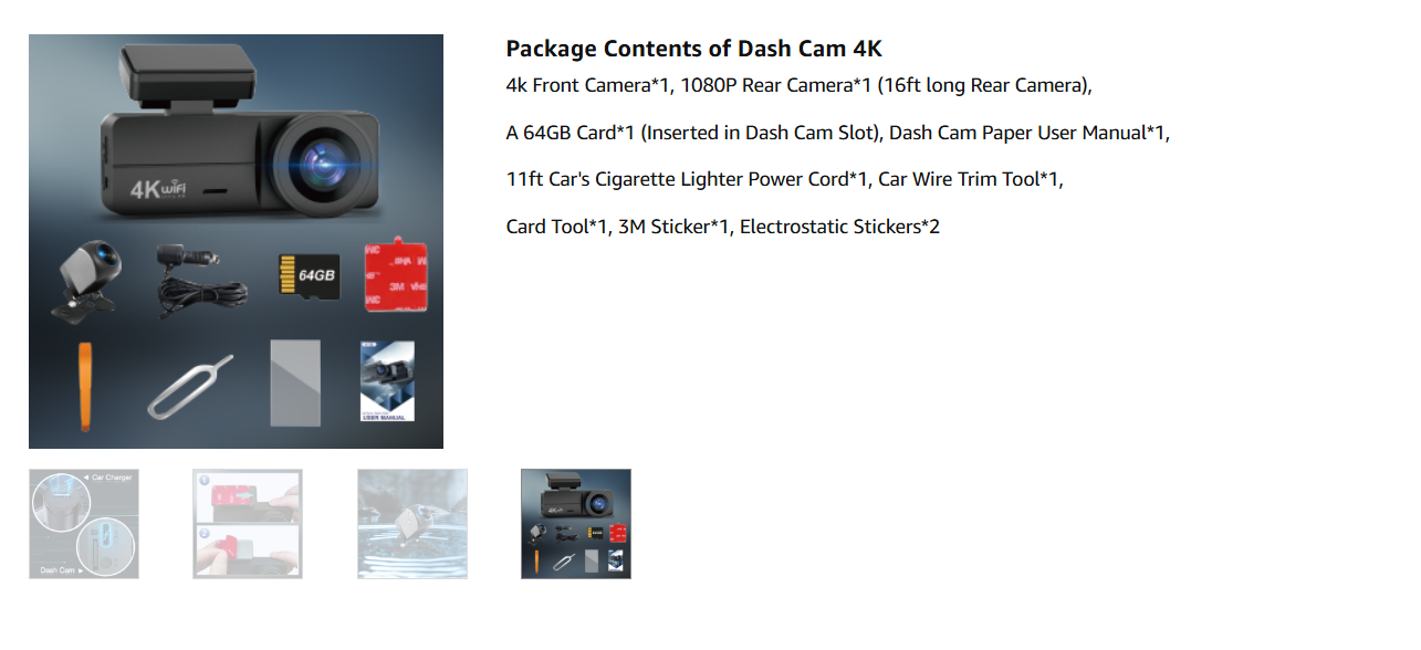 Penemay Dash Cam 4K Package Contents – Includes a 4K front camera, 1080P rear camera (with a 16ft cable), 64GB memory card, user manual, cigarette lighter power cord, car wire trim tool, card tool, 3M stickers, and electrostatic stickers. Everything you need for a complete setup.