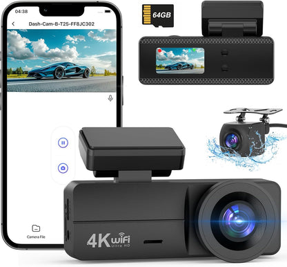 Penemay Ultra HD Dash Cam with 4K WiFi Connectivity – Featuring a sleek design, 64GB memory card compatibility, voice control via smartphone app, and water-resistant rear camera. Ideal for capturing high-quality footage on every drive.