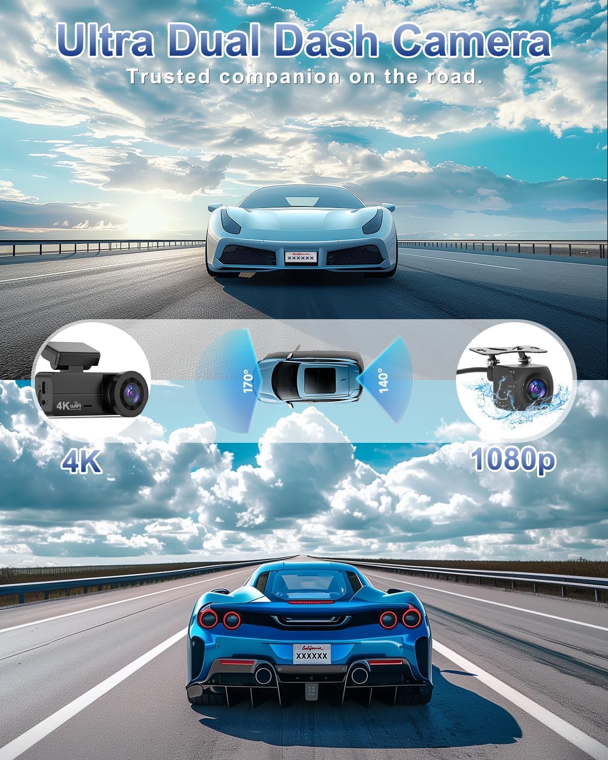 Penemay Dual Dash Camera System – Trusted companion for drivers, offering 4K front-facing and 1080p rear-facing cameras with wide-angle lenses (170° and 140°). Perfect for capturing clear, detailed footage in all driving conditions.