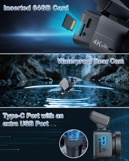 Penemay Waterproof Rear Camera with 64GB Memory Card Support – Features a Type-C port and an extra USB port for versatile connectivity. Designed to withstand harsh weather conditions, ensuring reliable rear-view footage.